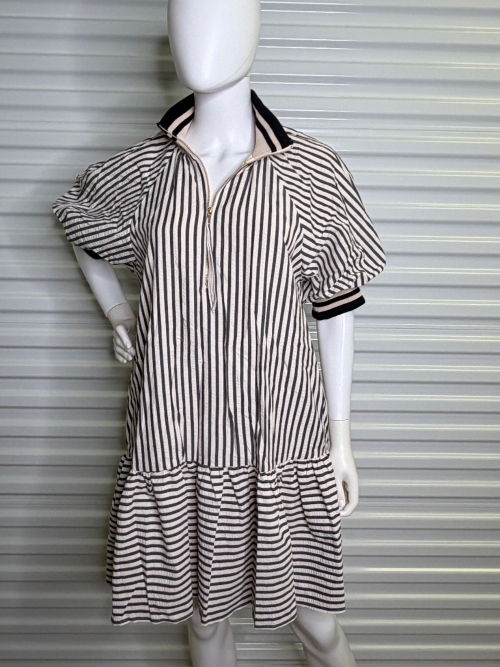 Entro Striped Half-Zip Puff Sleeve Babydoll Mini Dress Boho Preppy Casual Small